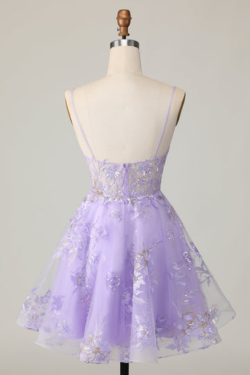 Purple A Line Tulle Cocktail Dress with Appliques